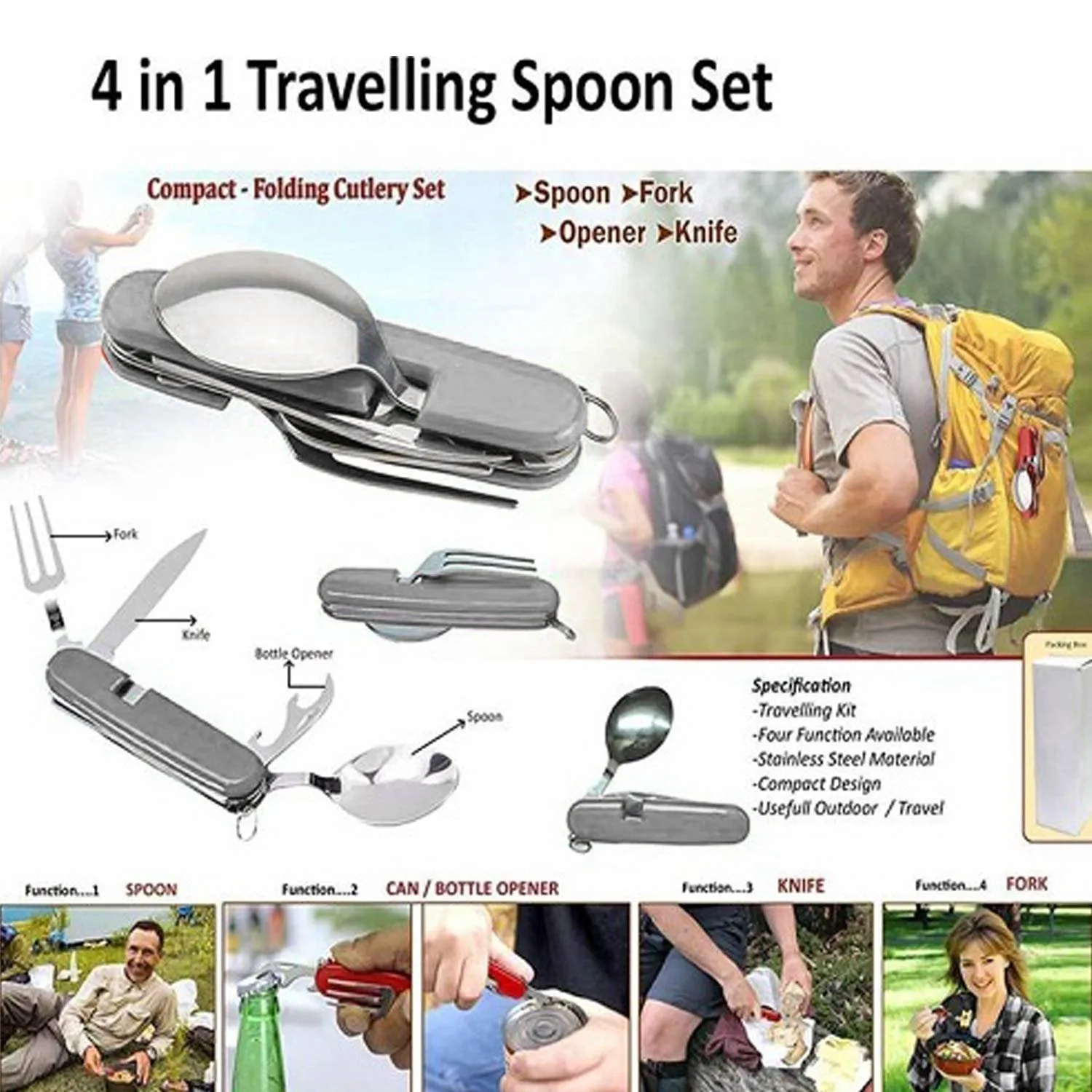 1779 4-in-1 Stainless Steel Travel / Camping Folding Multi Swiss Cutlery Set