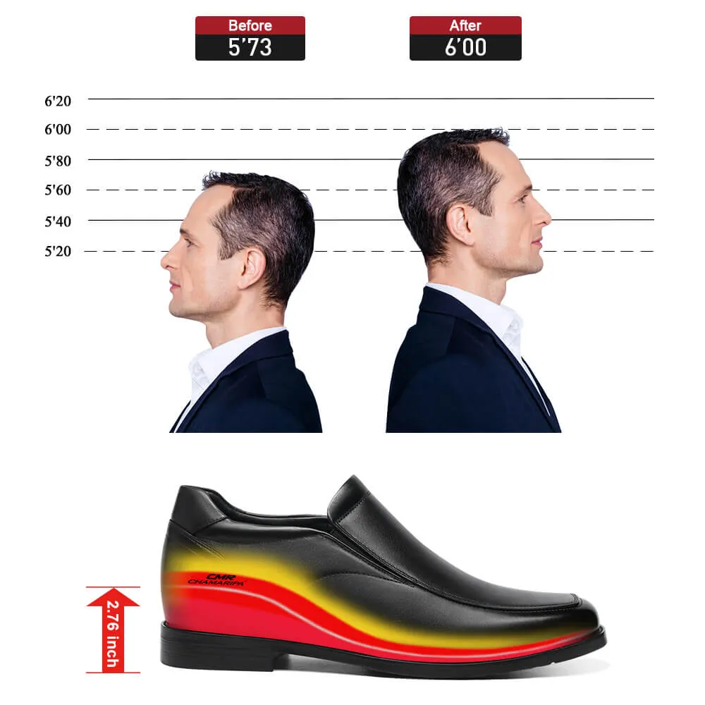 7 CM/2.76 Inches CMR CHAMARIPA Slip-On Height Increasing Shoes for Men - Black Calfskin Dress Shoes