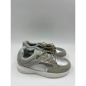 Big Kid Size 4 Silver Fashion Sneaker with Sparkles and Gray Suede Trim