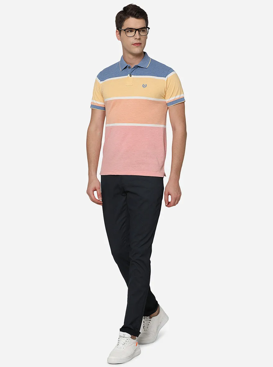 Coral Peach Striped Slim Fit Polo T-Shirt | Greenfibre