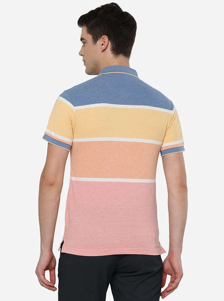 Coral Peach Striped Slim Fit Polo T-Shirt | Greenfibre