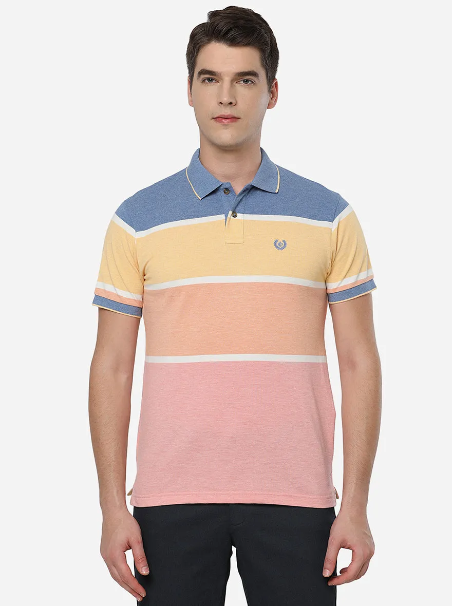 Coral Peach Striped Slim Fit Polo T-Shirt | Greenfibre