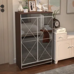 Elegant Decor Mirrored Cabinet with Silver Edging,Mirrored Cabinet with Double Door Storage,Shoe Storage Cabinet for Entryway,Glass Brown Finish