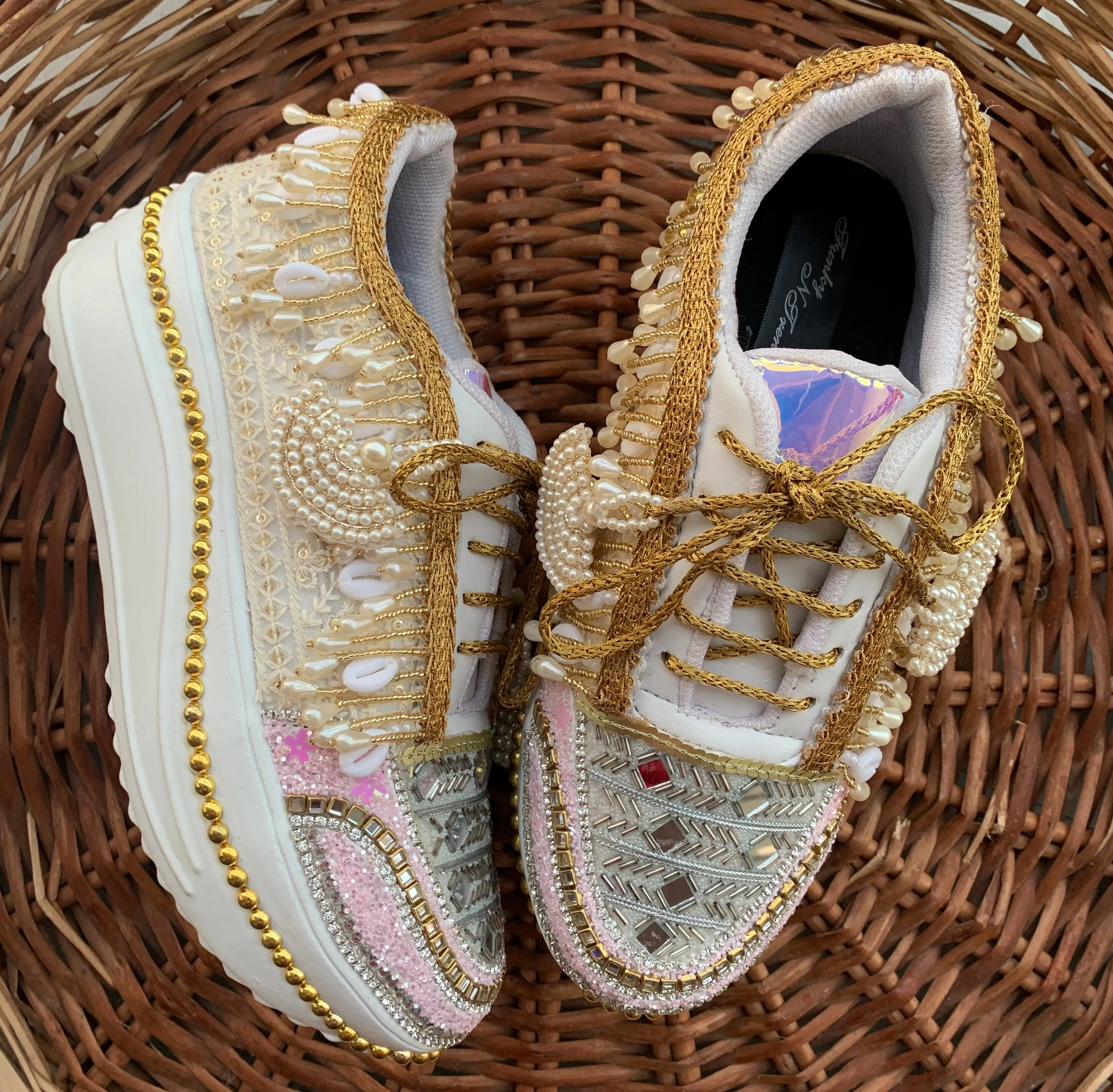 FUNKY N TRENDY baby pink and gold sneakers for brides / silver sneakers for bridesmaids/ pink sneakers / baby pink sneakers / bridal sneakers / bridesmaid sneakers/ golden hand work sneakers / ivory sneakers