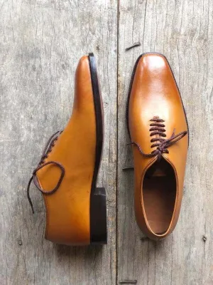 Handmade Men's Tan Leather Lace Up Derby Shoes