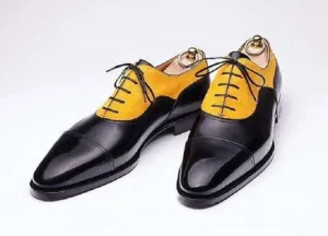 Handmade Men's Yellow Black Leather Suede Cap Toe Shoes