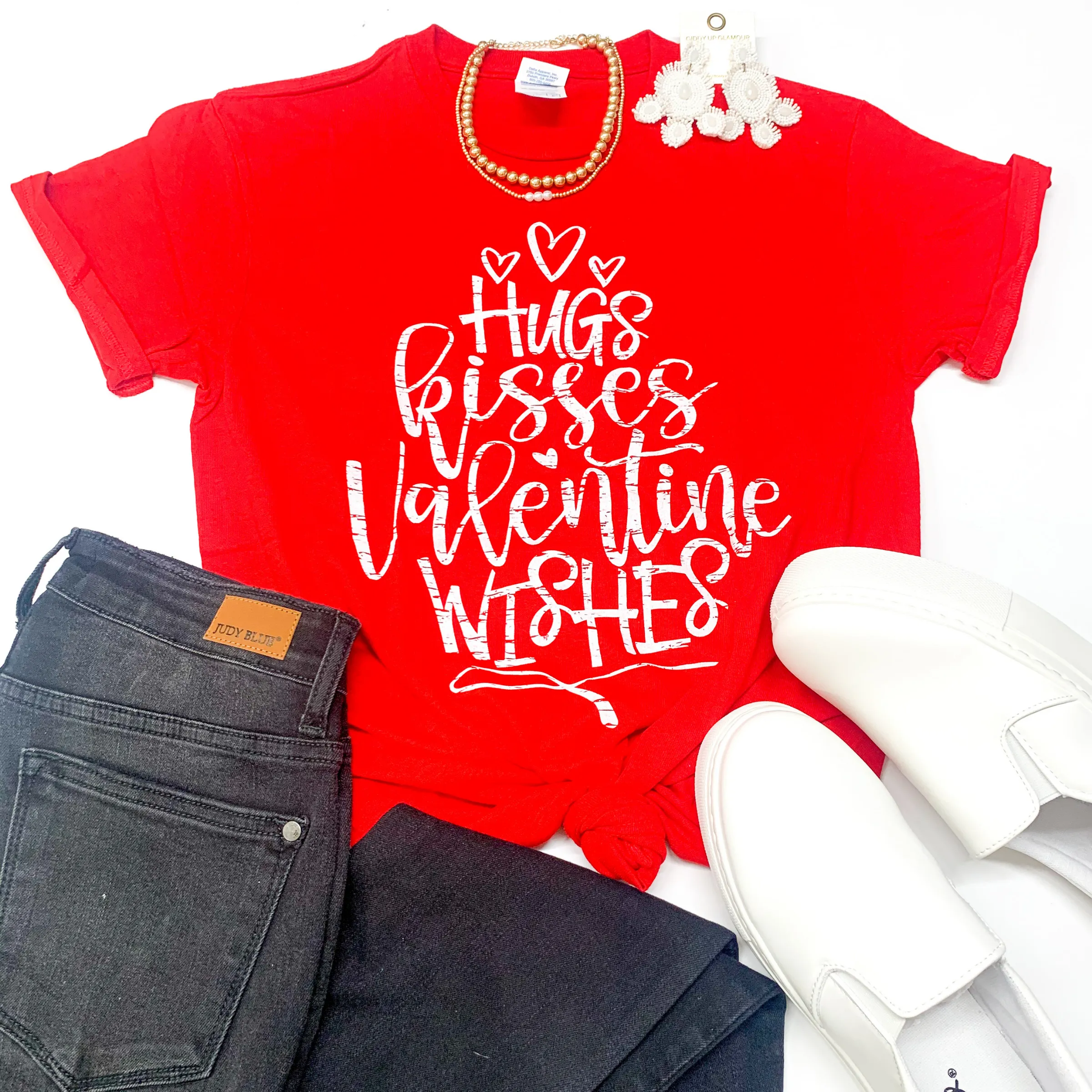 Hugs, Kisses, and Valentine Wishes Graphic Tee in Red