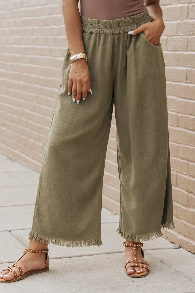 Light Olive Frayed Linen Wide Leg Pants - FINAL SALE