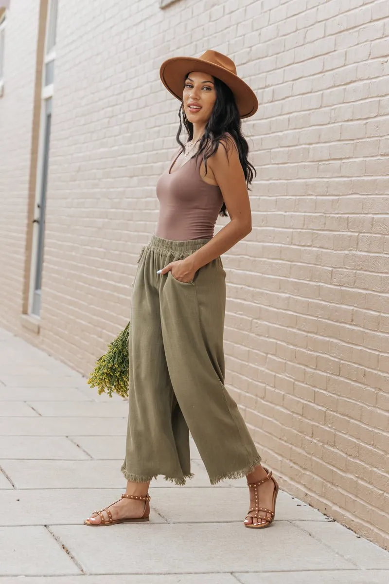 Light Olive Frayed Linen Wide Leg Pants - FINAL SALE