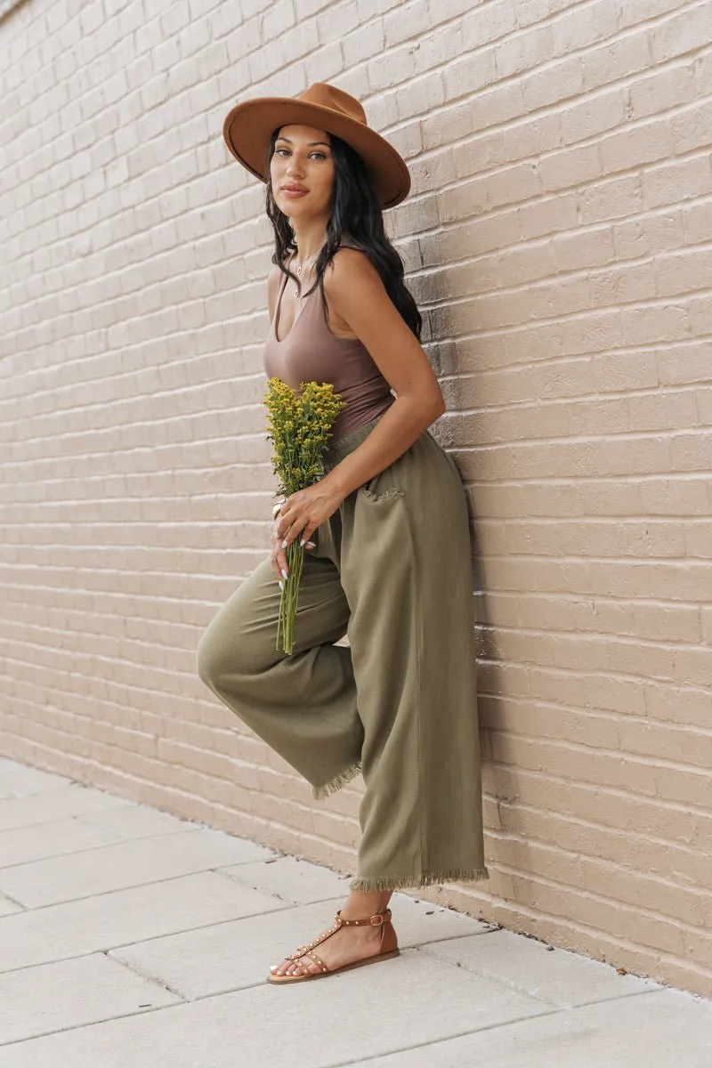 Light Olive Frayed Linen Wide Leg Pants - FINAL SALE