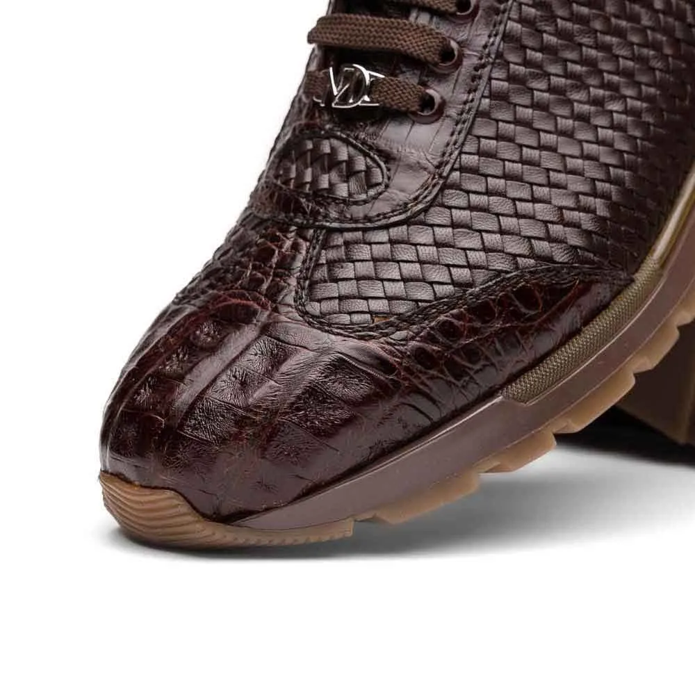 Marco Di Milano Roma Woven Brown Calfskin and Caiman Crocodile Sneakers