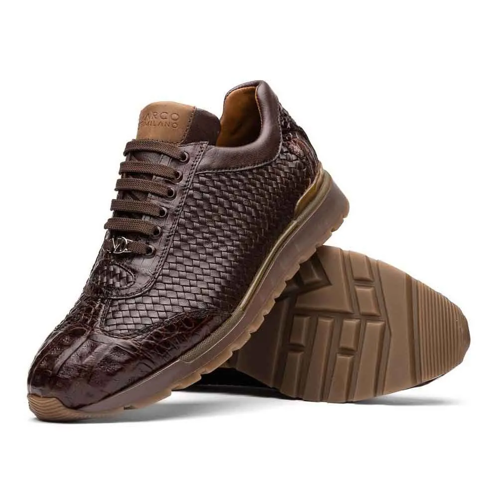 Marco Di Milano Roma Woven Brown Calfskin and Caiman Crocodile Sneakers