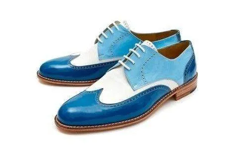 Men's Leather Wing Tip Blue White Lace Up Shoes