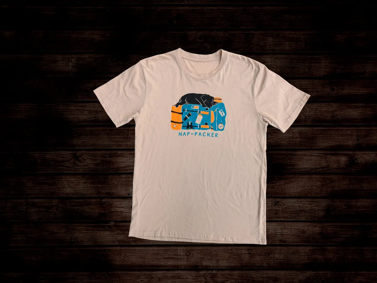 Nap-Packer Graphic Tee | 100% Organic Cotton T-shirt | Backpacking Adventure Dog