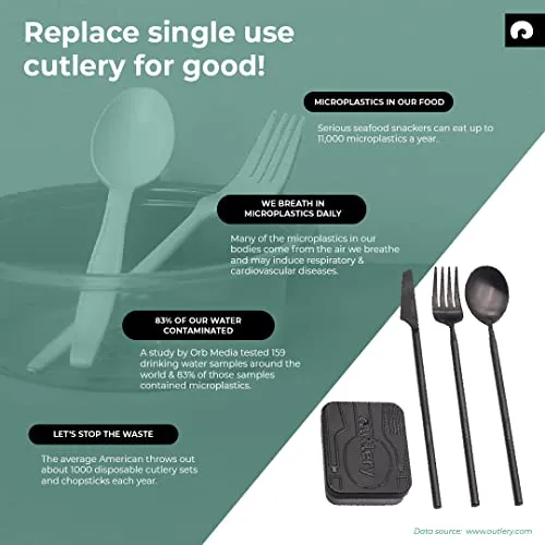 Portable & Reusable Stainless Steel Travel Cutlery Set (Black) - Includes Travel