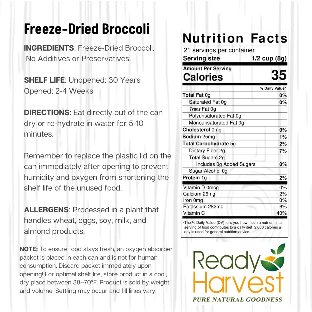 Ready Harvest Freeze-Dried Broccoli Florets - 30 Year Shelf Life - #10 Can