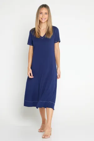 Short Sleeve Contrast Stitch Dress - Navy