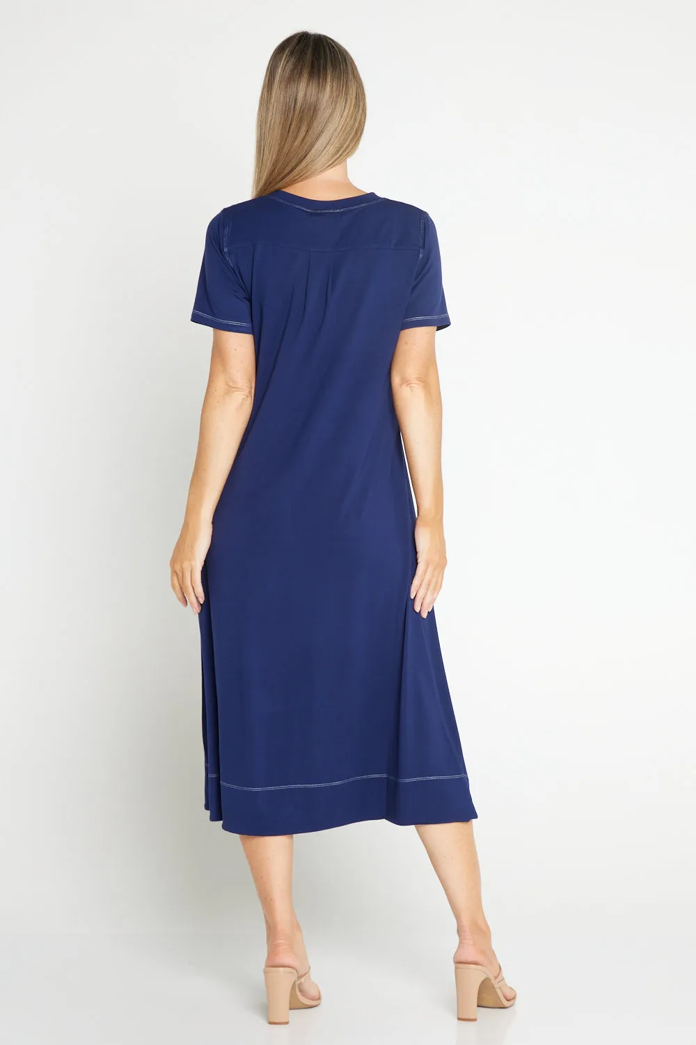 Short Sleeve Contrast Stitch Dress - Navy