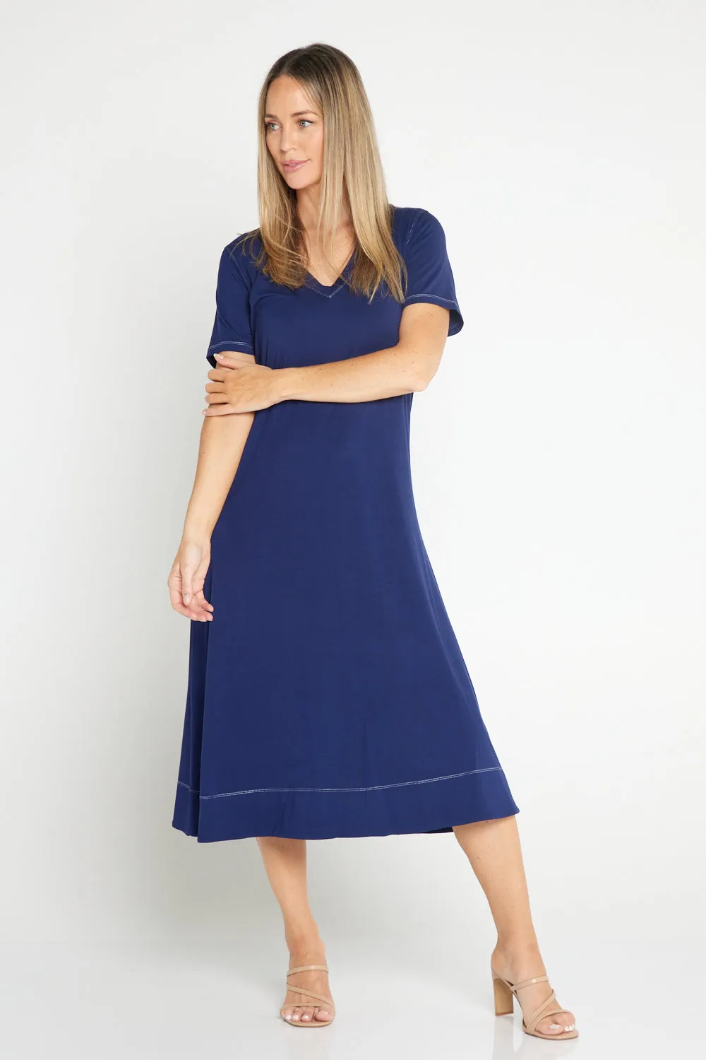 Short Sleeve Contrast Stitch Dress - Navy