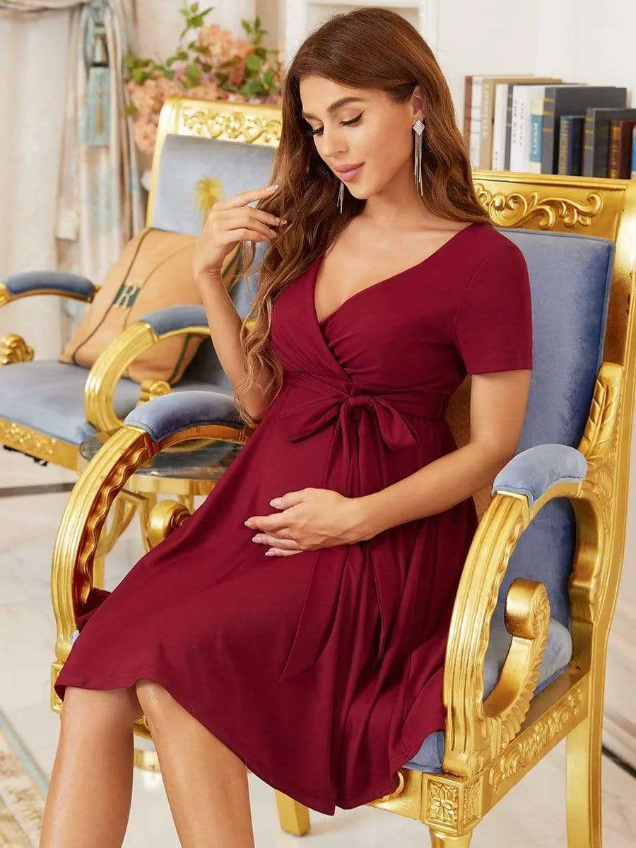 Short Sleeve Tie Waist Short A-Line Maternity Dress