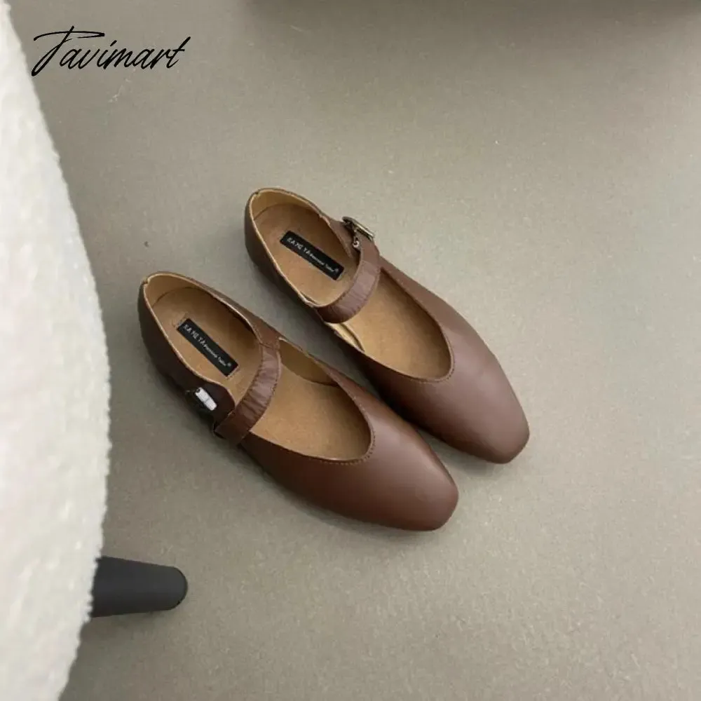 TAVIMART  -  Retro Ugly Cute Mary Jane Square toe Women Flat Shoes Genuine Leather Flats Shoes Woman One Word Buckle Flat Shoes Ladies