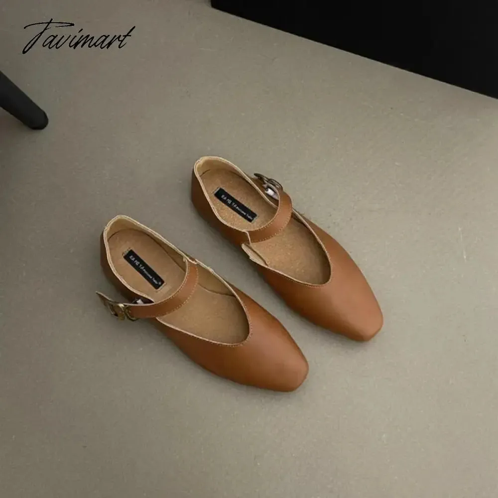 TAVIMART  -  Retro Ugly Cute Mary Jane Square toe Women Flat Shoes Genuine Leather Flats Shoes Woman One Word Buckle Flat Shoes Ladies