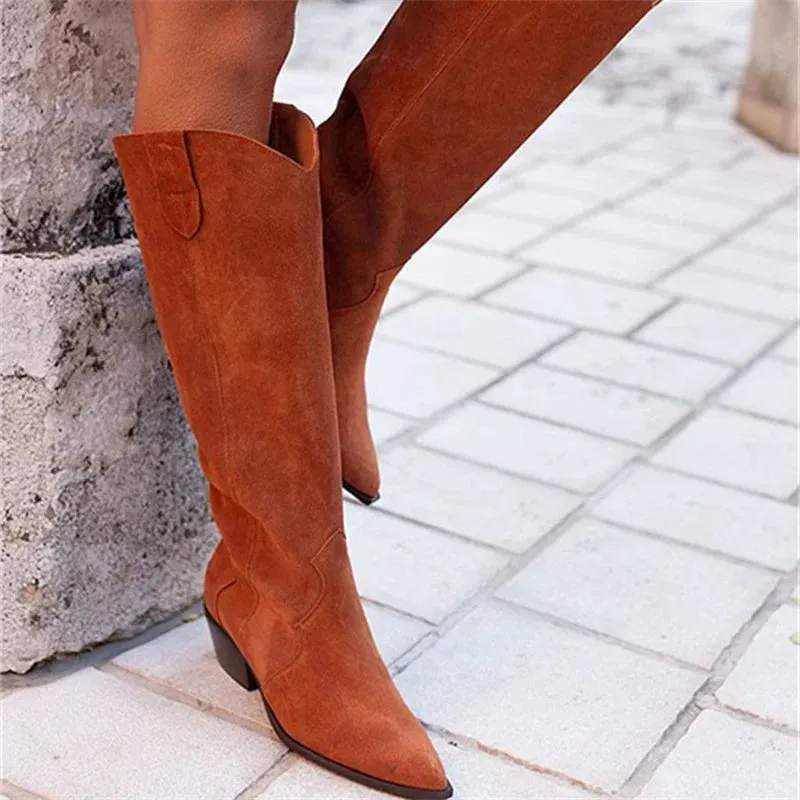 TAVIMART  -  Solid Color Pointed Toe Suede Women's Knee High Boots Retro Platform Ladies Knight Boots Crude Heel Fashion Comfy Botas De Mujer