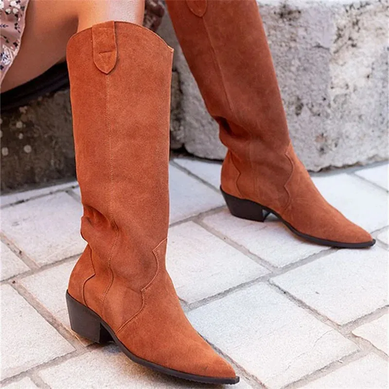 TAVIMART  -  Solid Color Pointed Toe Suede Women's Knee High Boots Retro Platform Ladies Knight Boots Crude Heel Fashion Comfy Botas De Mujer