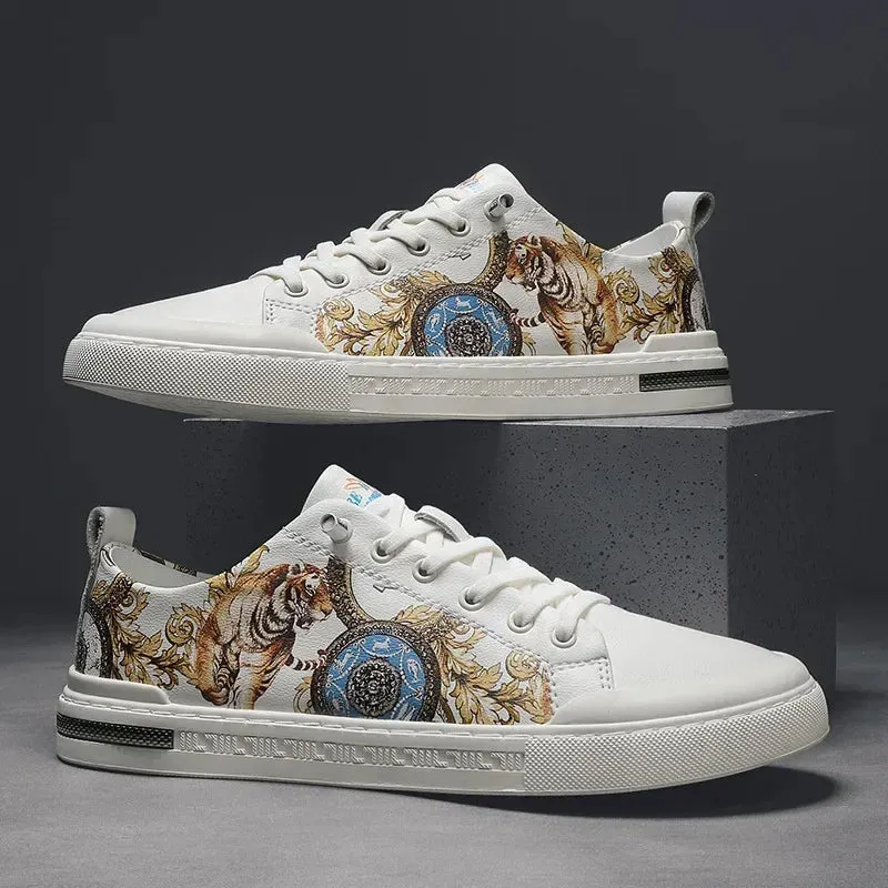 Tiger Print Flat Leather Sneakers