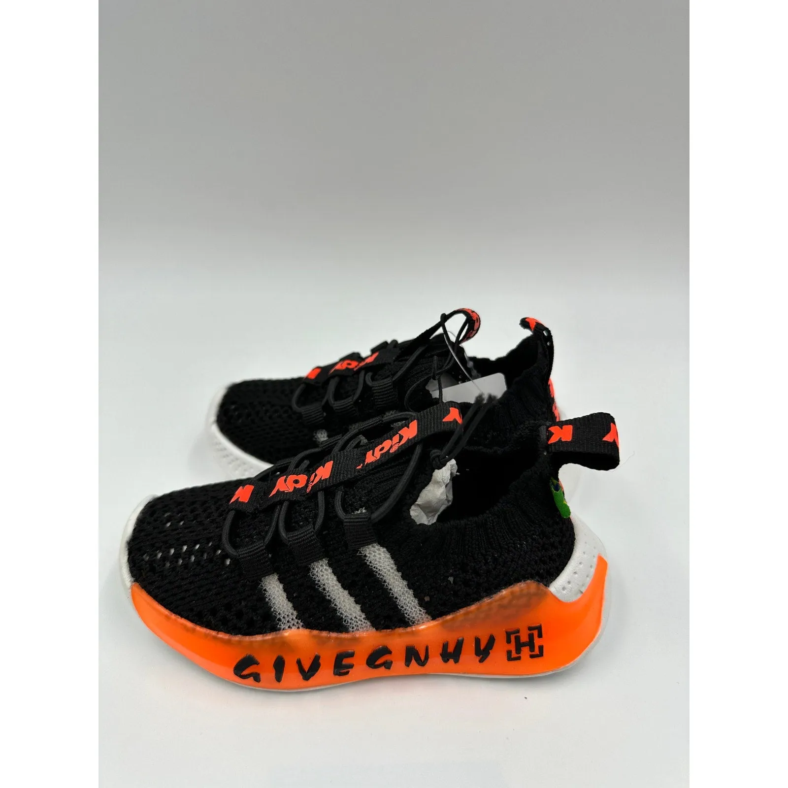 Toddler/Small Kid Size 7, Black Sneakers w/ White Sole with Orange Lights/Accent