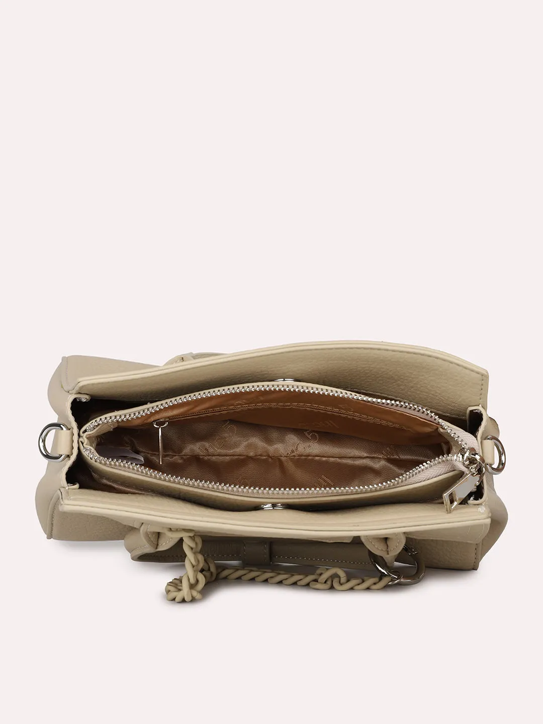 Women Beige Solid Handheld Bag with Detachable Strap and Chain Detailing